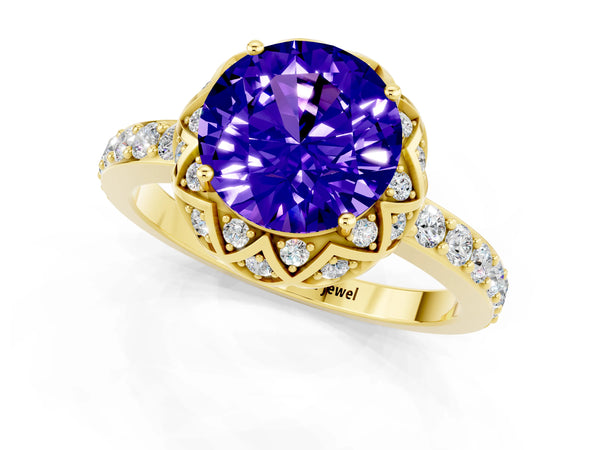 Yellow gold Round Cut Tanzanite Scalloped Halo Engagement Ring with Round Shared Prong Band