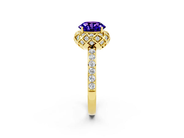 Yellow gold Round Cut Tanzanite Scalloped Halo Engagement Ring with Round Shared Prong Band