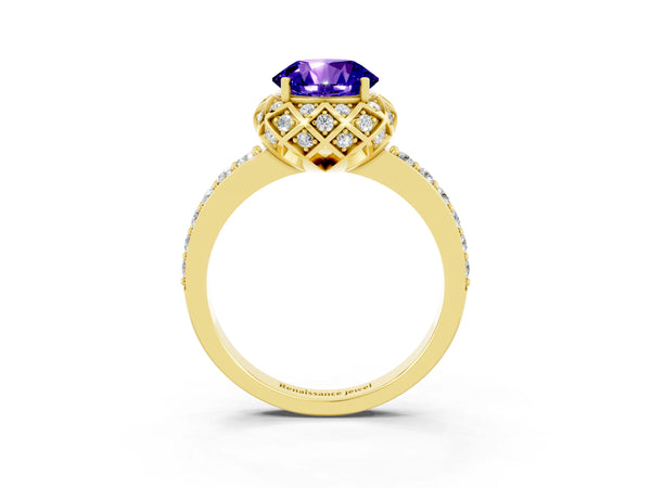 Yellow gold Round Cut Tanzanite Scalloped Halo Engagement Ring with Round Shared Prong Band