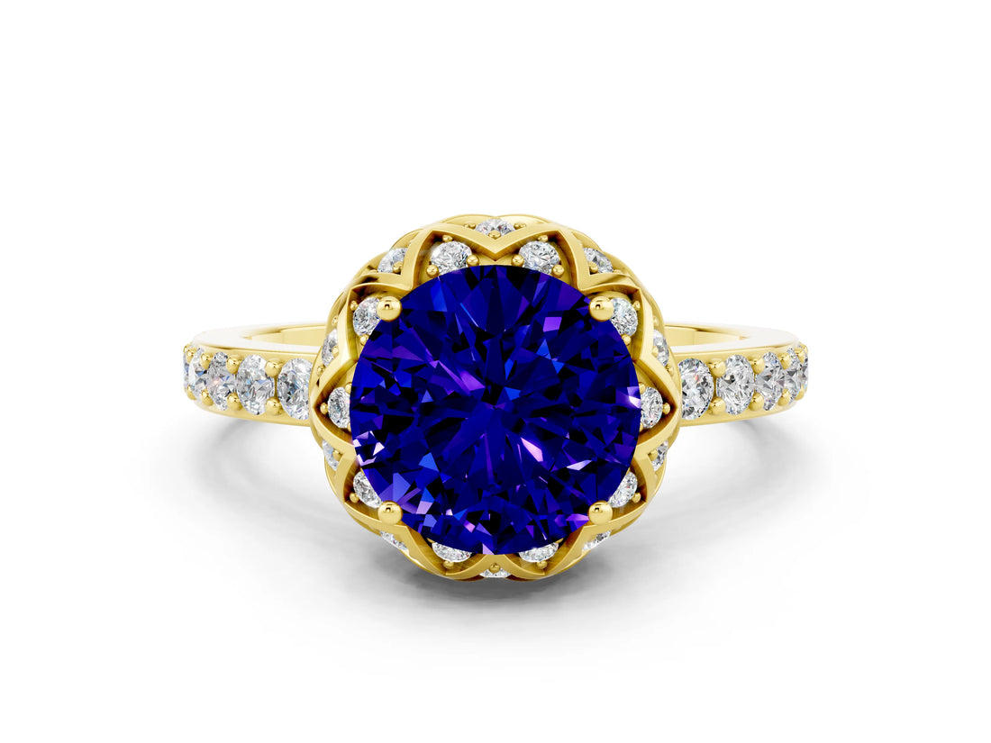 Yellow gold Round Cut Tanzanite Scalloped Halo Engagement Ring with Round Shared Prong Band_24