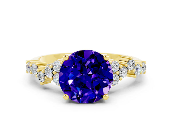 Yellow gold Round Cut Tanzanite Scattered Round Accent Ring with Prong Setting