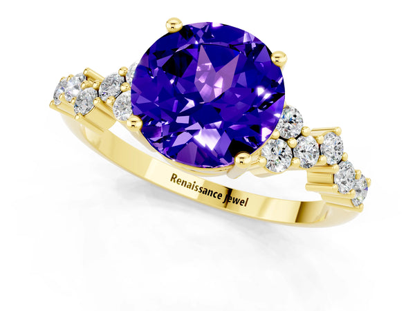 Yellow gold Round Cut Tanzanite Scattered Round Accent Ring with Prong Setting