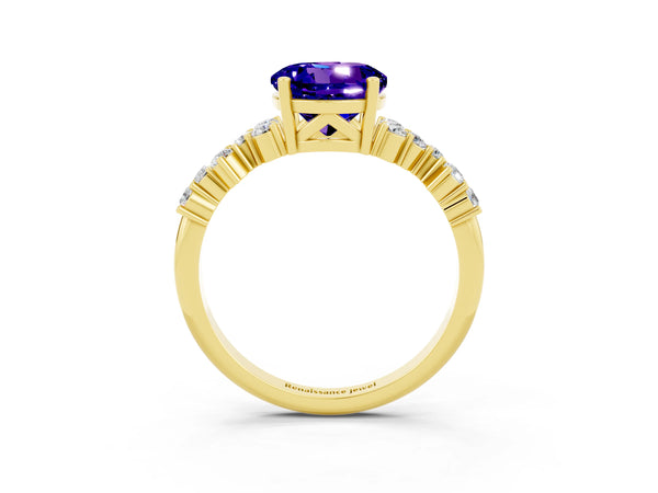 Yellow gold Round Cut Tanzanite Scattered Round Accent Ring with Prong Setting