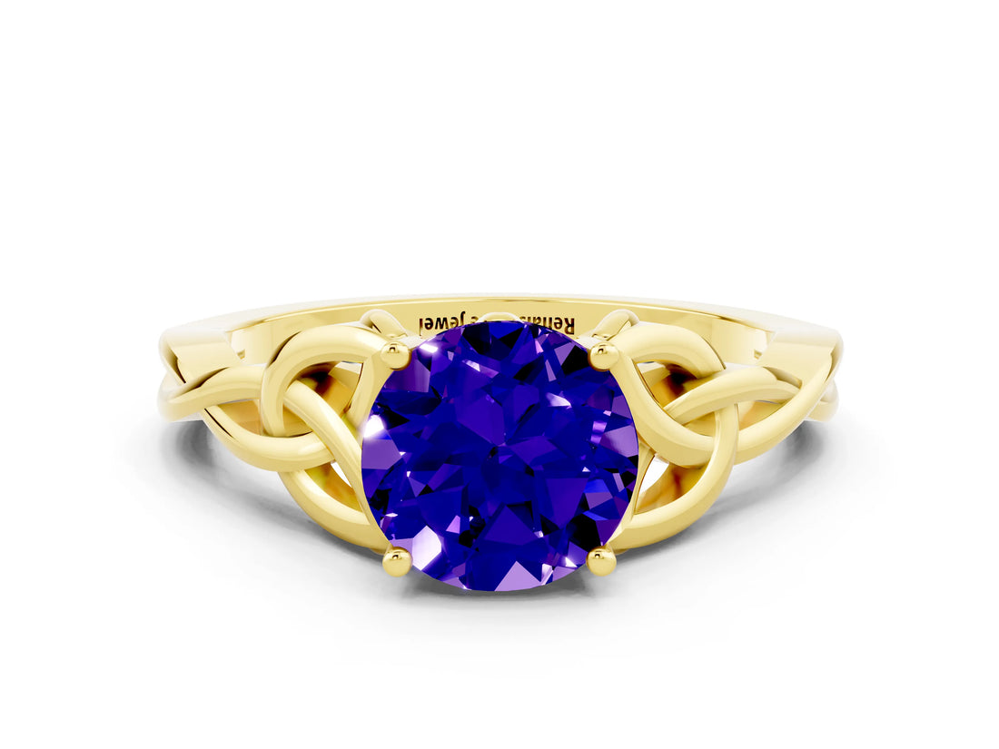 Yellow gold Round Cut Tanzanite Solitaire Celtic Knot Ring with Four-Prong Setting_12