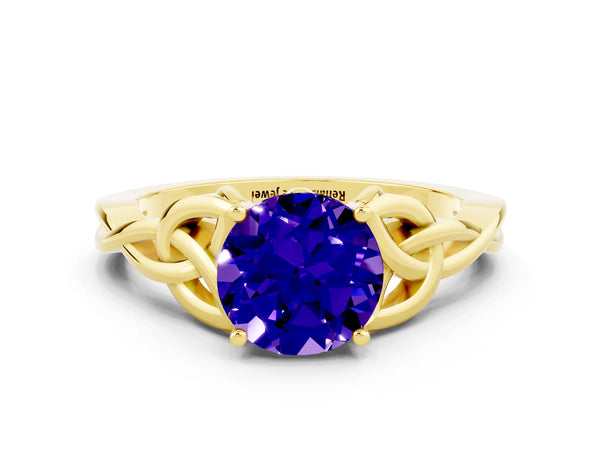 Yellow gold Round Cut Tanzanite Solitaire Celtic Knot Ring with Four-Prong Setting