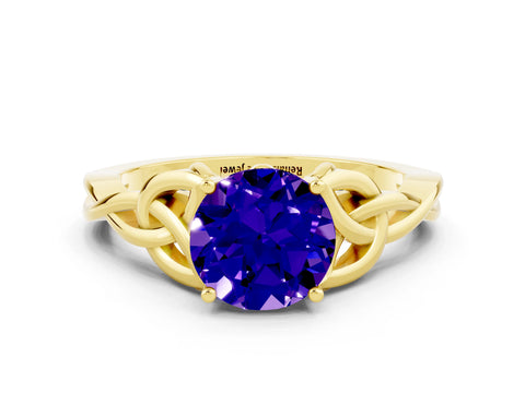 Yellow gold Round Cut Tanzanite Solitaire Celtic Knot Ring with Four-Prong Setting_12