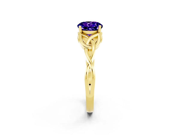 Yellow gold Round Cut Tanzanite Solitaire Celtic Knot Ring with Four-Prong Setting