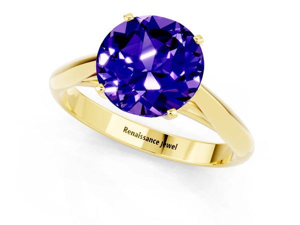 Yellow gold Round Cut Tanzanite Solitaire Engagement Ring with Cathedral Setting and Four-Prong Mount
