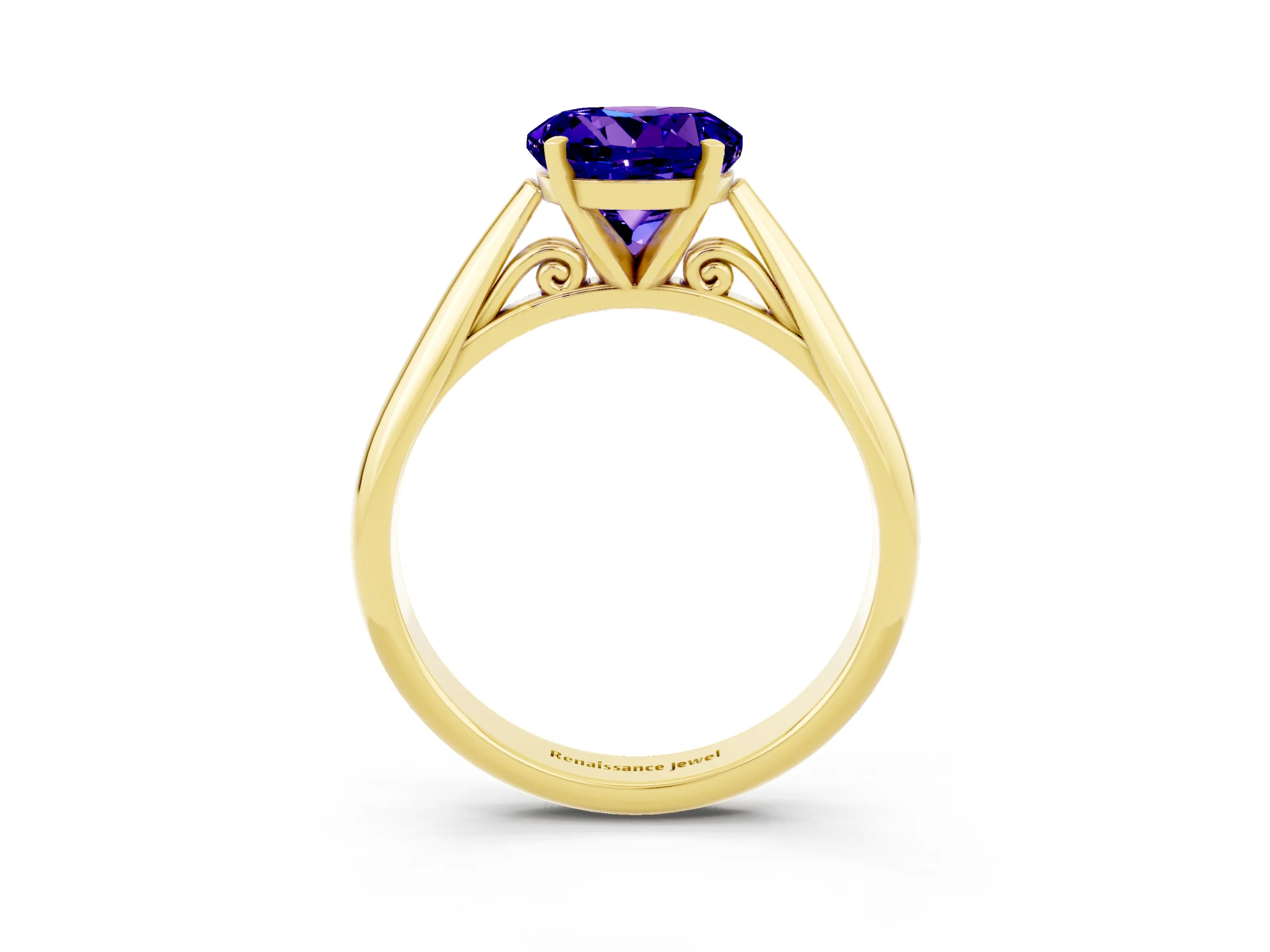 Yellow gold Round Cut Tanzanite Solitaire Engagement Ring with Cathedral Setting and Four-Prong Mount_15