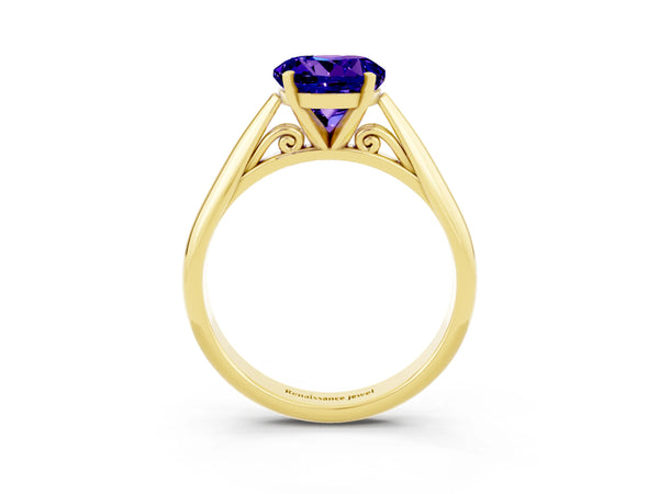 Yellow gold Round Cut Tanzanite Solitaire Engagement Ring with Cathedral Setting and Four-Prong Mount