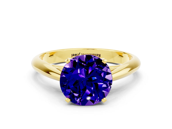 Yellow gold Round Cut Tanzanite Solitaire Engagement Ring with Cathedral Setting and Four-Prong Mount