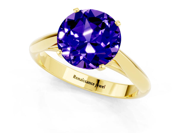 Yellow gold Round Cut Tanzanite Solitaire Engagement Ring with Cathedral Setting and Four-Prong Mount
