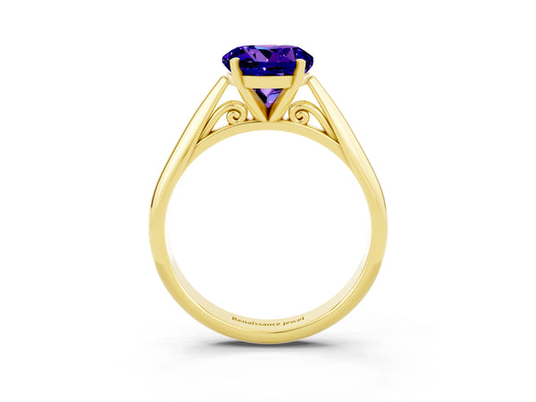 Yellow gold Round Cut Tanzanite Solitaire Engagement Ring with Cathedral Setting and Four-Prong Mount