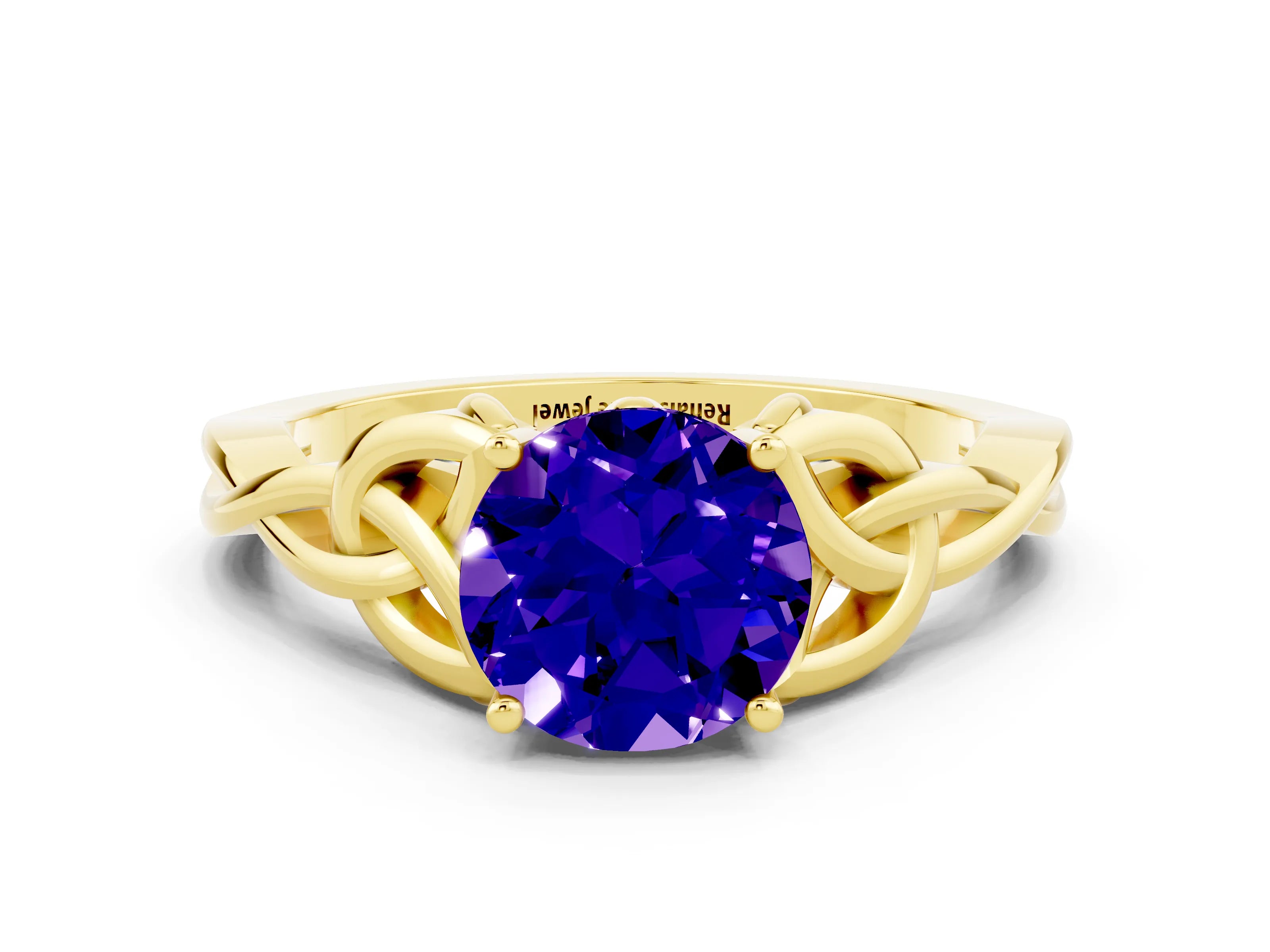 Yellow gold Round Cut Tanzanite Solitaire Engagement Ring with Celtic Knot Band and Four-Prong Setting