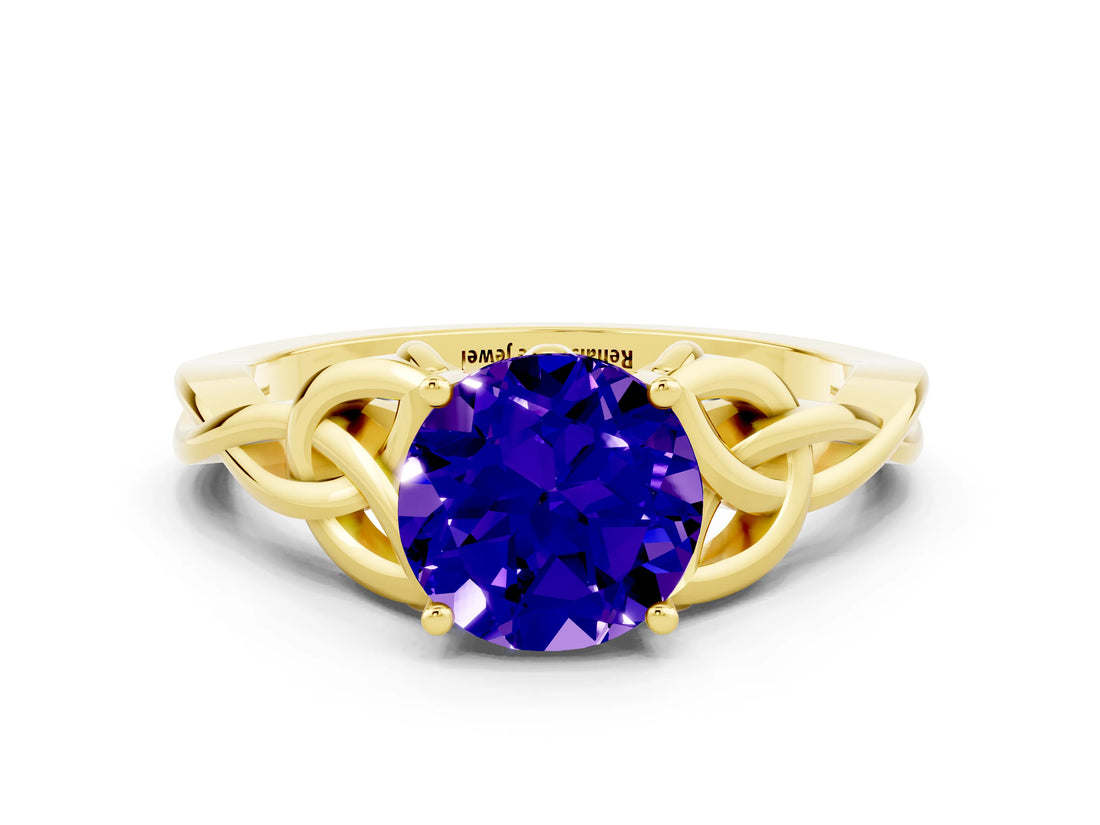 Yellow gold Round Cut Tanzanite Solitaire Engagement Ring with Celtic Knot Band and Four-Prong Setting