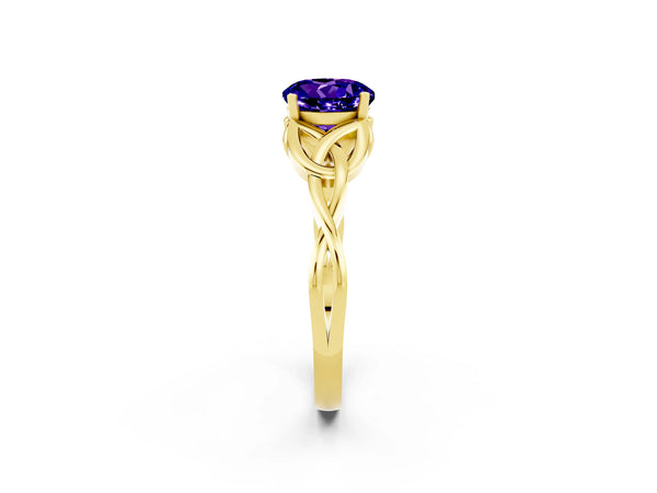 Yellow gold Round Cut Tanzanite Solitaire Engagement Ring with Celtic Knot Band and Four-Prong Setting