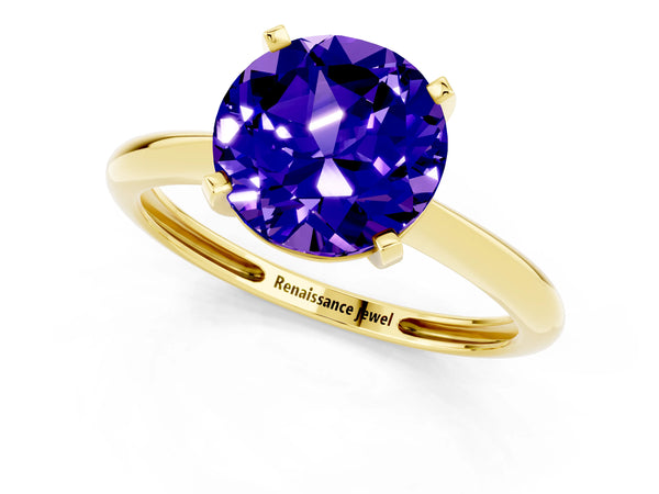 Yellow gold Round Cut Tanzanite Solitaire Engagement Ring with Classic Band and Four-Prong Setting