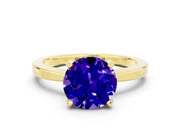 Yellow gold Round Cut Tanzanite Solitaire Engagement Ring with Classic Band and Four-Prong Setting