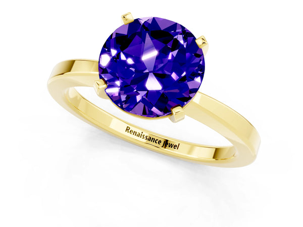 Yellow gold Round Cut Tanzanite Solitaire Engagement Ring with Classic Band and Four-Prong Setting