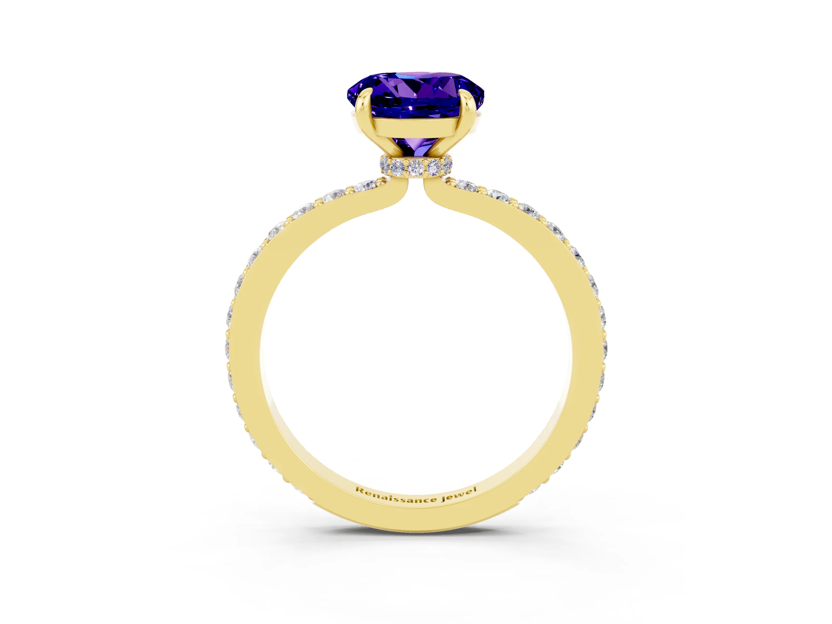 Yellow gold Round Cut Tanzanite Solitaire Engagement Ring with Pavé Band and Four-Prong Setting_3