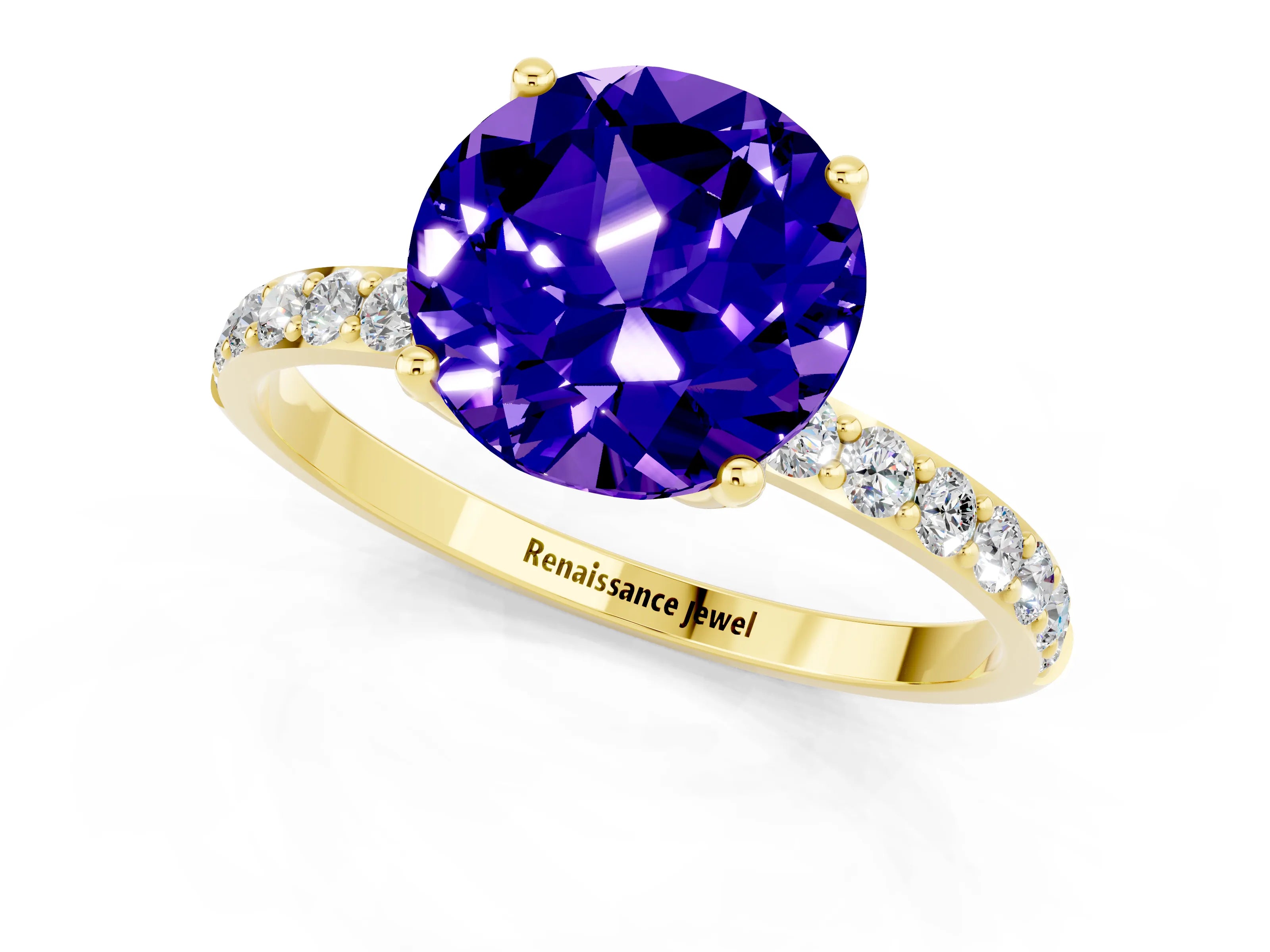 Yellow gold Round Cut Tanzanite Solitaire Engagement Ring with Pavé Band and Prong Setting_1