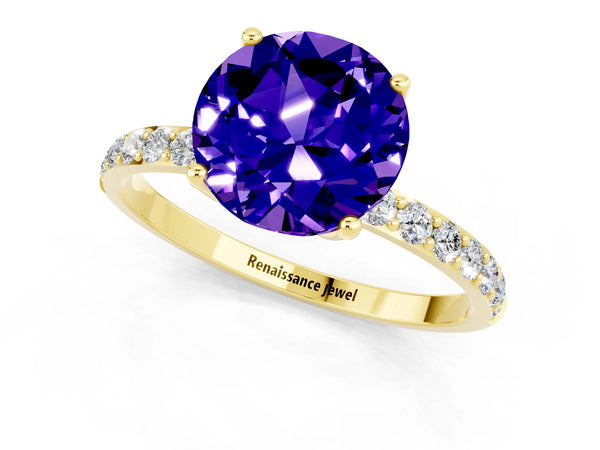 Yellow gold Round Cut Tanzanite Solitaire Engagement Ring with Round  Pavé Band and Prong Setting
