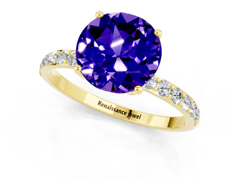 Yellow gold Round Cut Tanzanite Solitaire Engagement Ring with Pavé Band and Prong Setting_1
