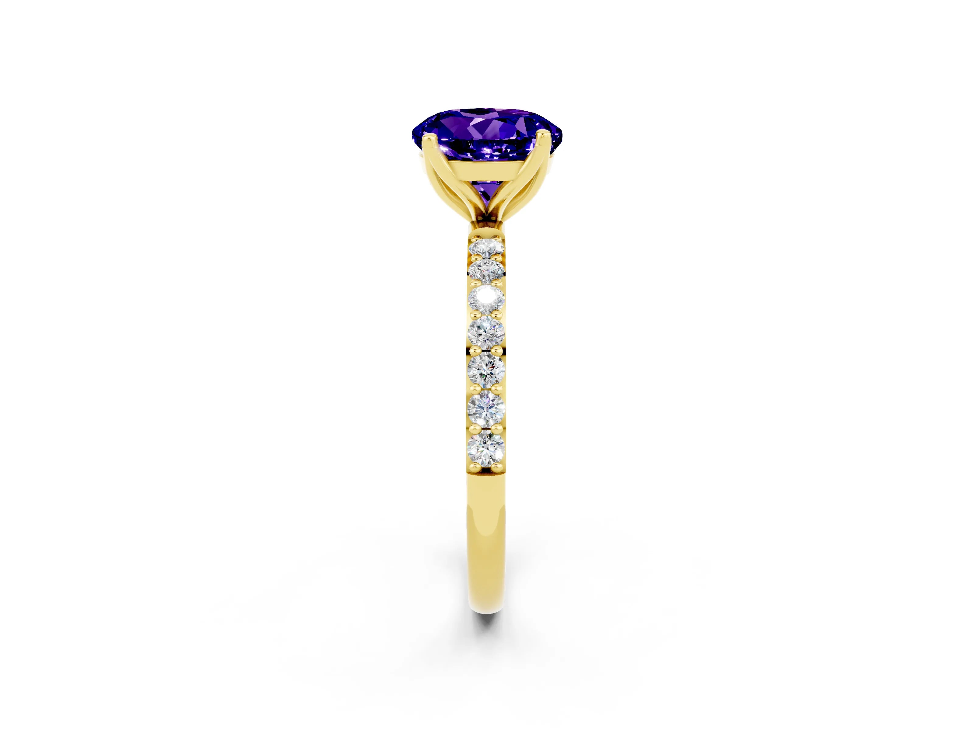 Yellow gold Round Cut Tanzanite Solitaire Engagement Ring with Pavé Band and Prong Setting_2