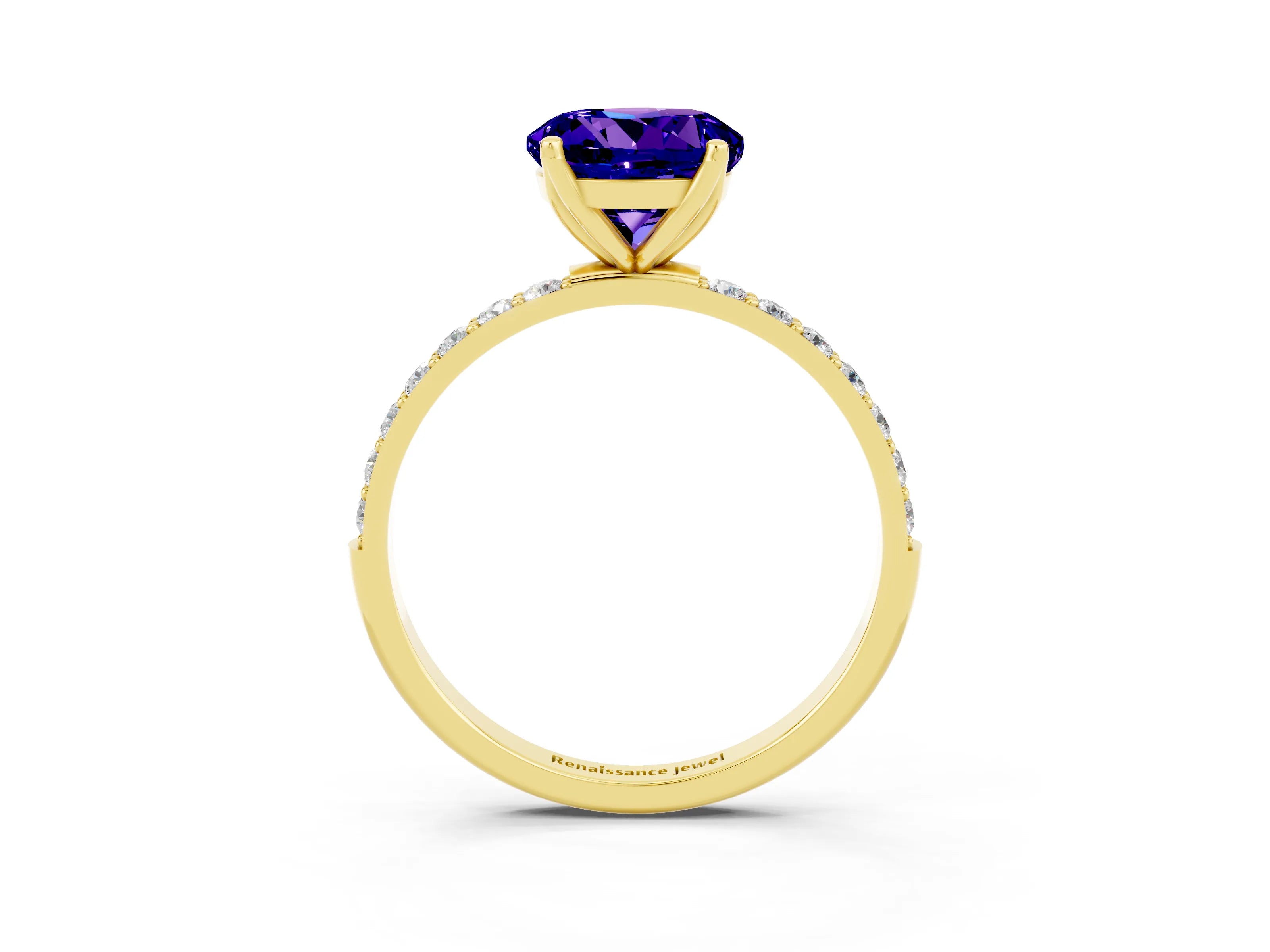 Yellow gold Round Cut Tanzanite Solitaire Engagement Ring with Pavé Band and Prong Setting_3