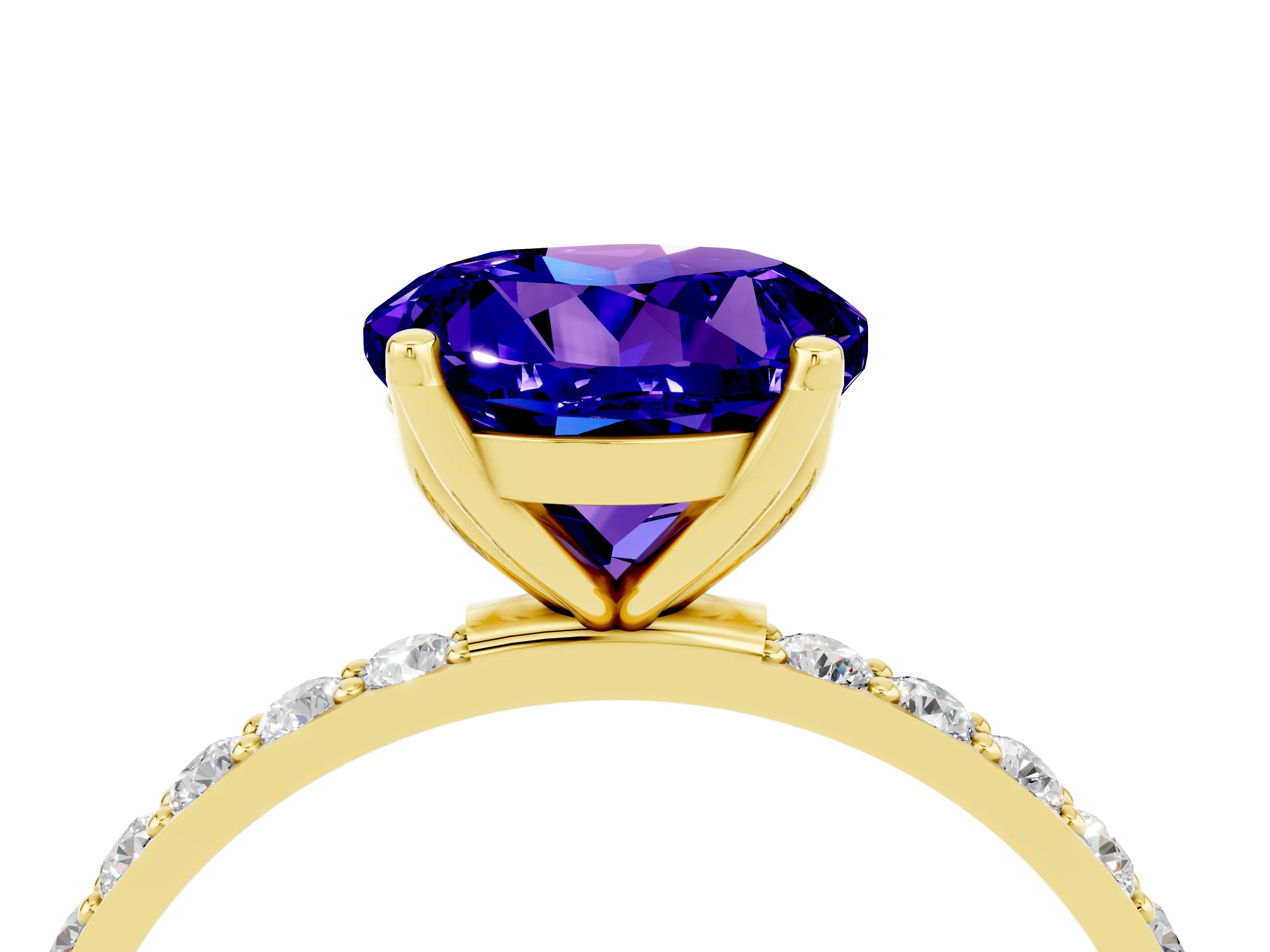 Yellow gold Round Cut Tanzanite Solitaire Engagement Ring with Pavé Band and Prong Setting_4