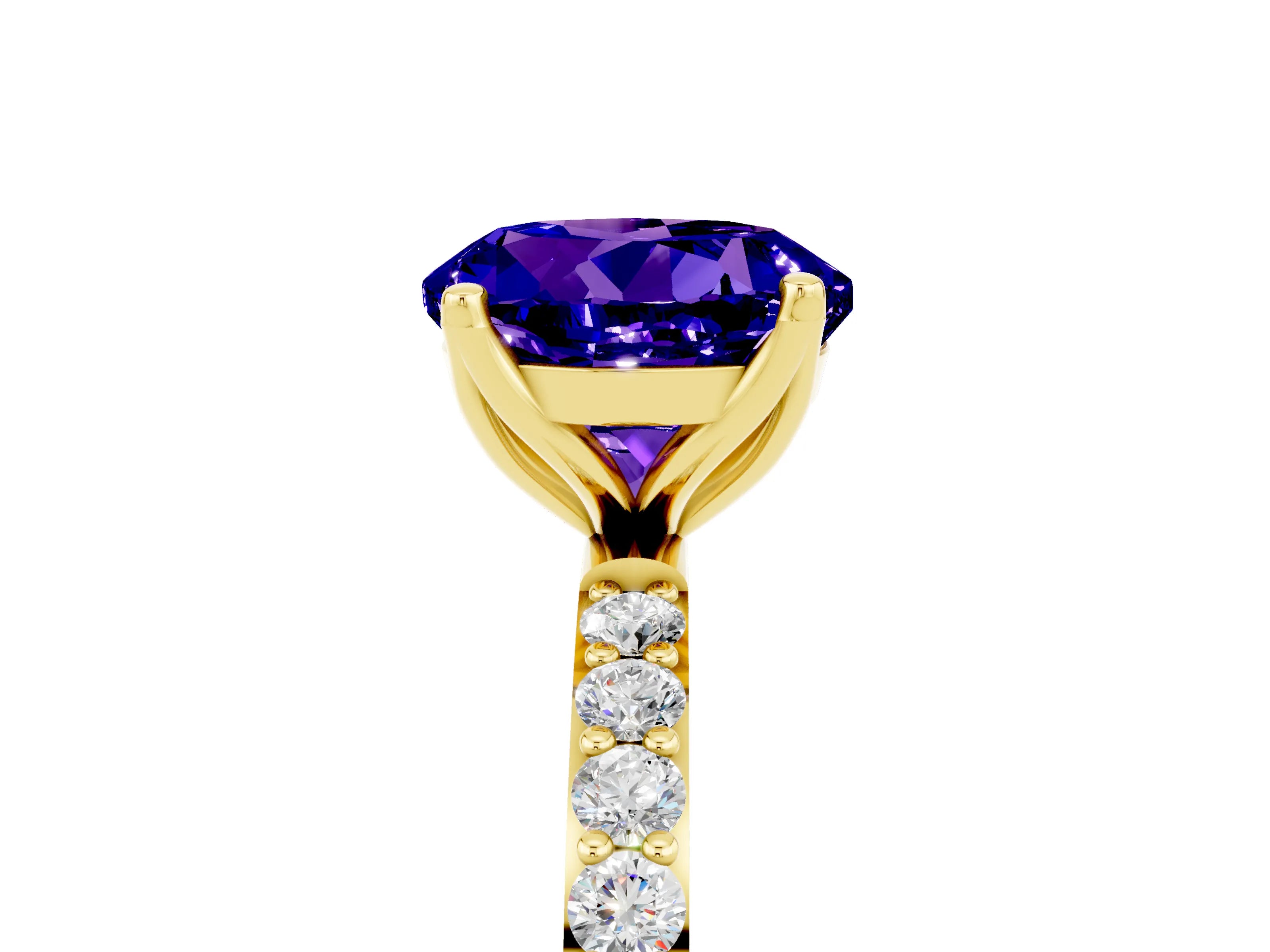 Yellow gold Round Cut Tanzanite Solitaire Engagement Ring with Pavé Band and Prong Setting_5