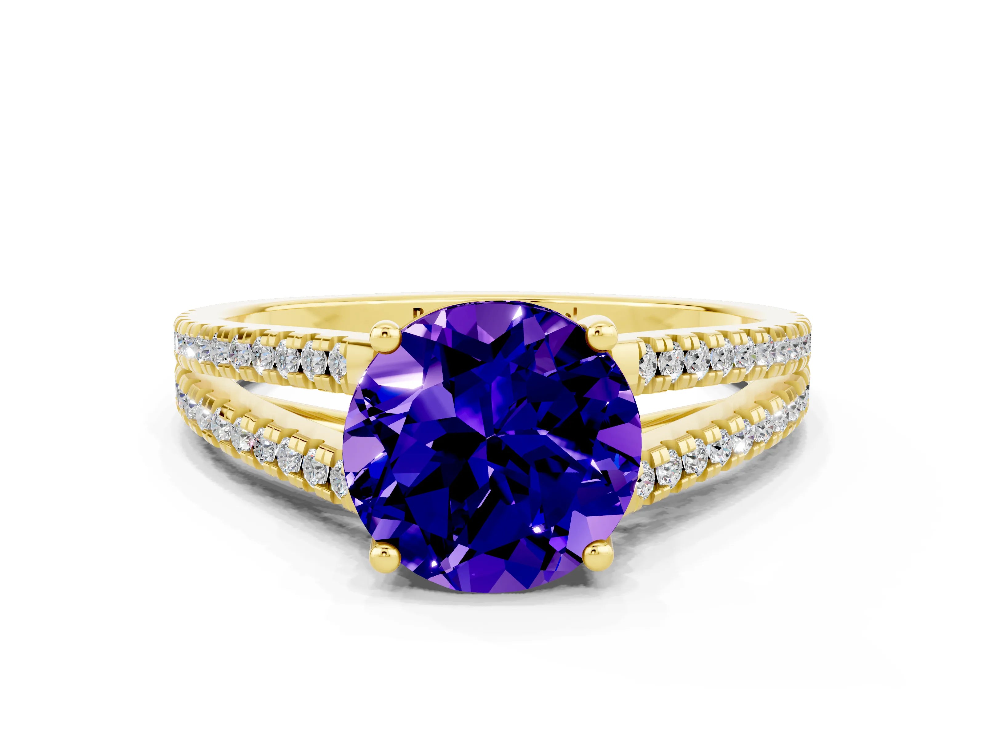Yellow gold Round Cut Tanzanite Solitaire Engagement Ring with Split Shank Pavé Band