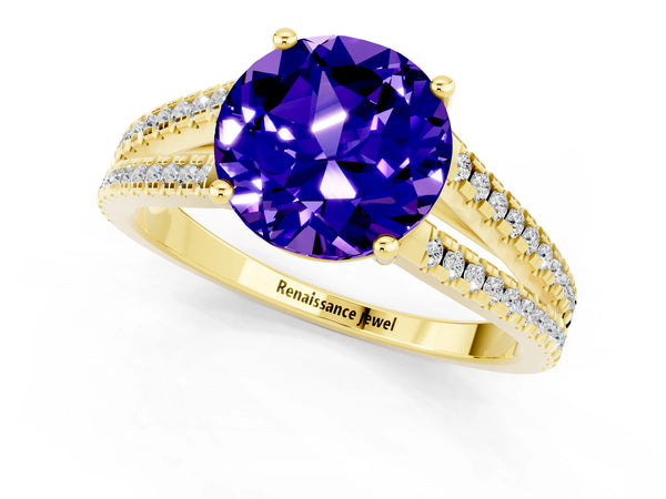 Yellow gold Round Cut Tanzanite Solitaire Engagement Ring with Split Shank Pavé Band