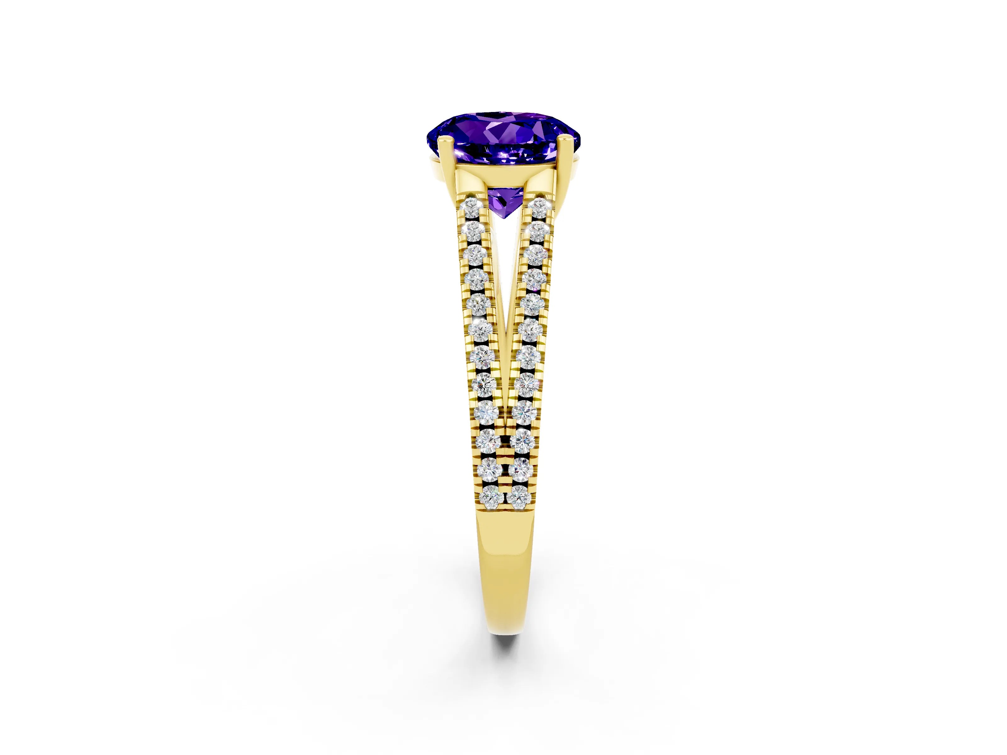 Yellow gold Round Cut Tanzanite Solitaire Engagement Ring with Split Shank Pavé Band_2