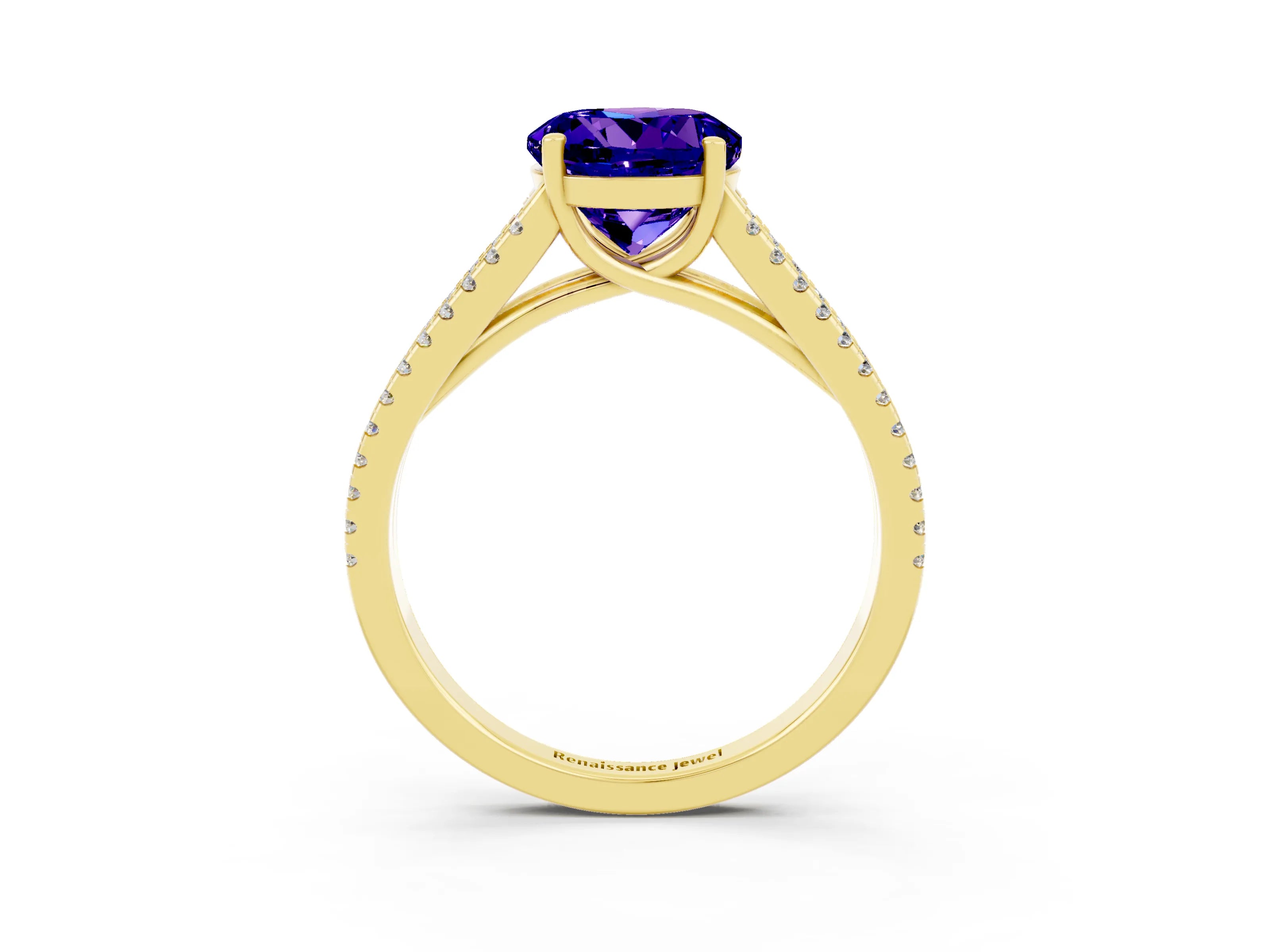 Yellow gold Round Cut Tanzanite Solitaire Engagement Ring with Split Shank Pavé Band_3