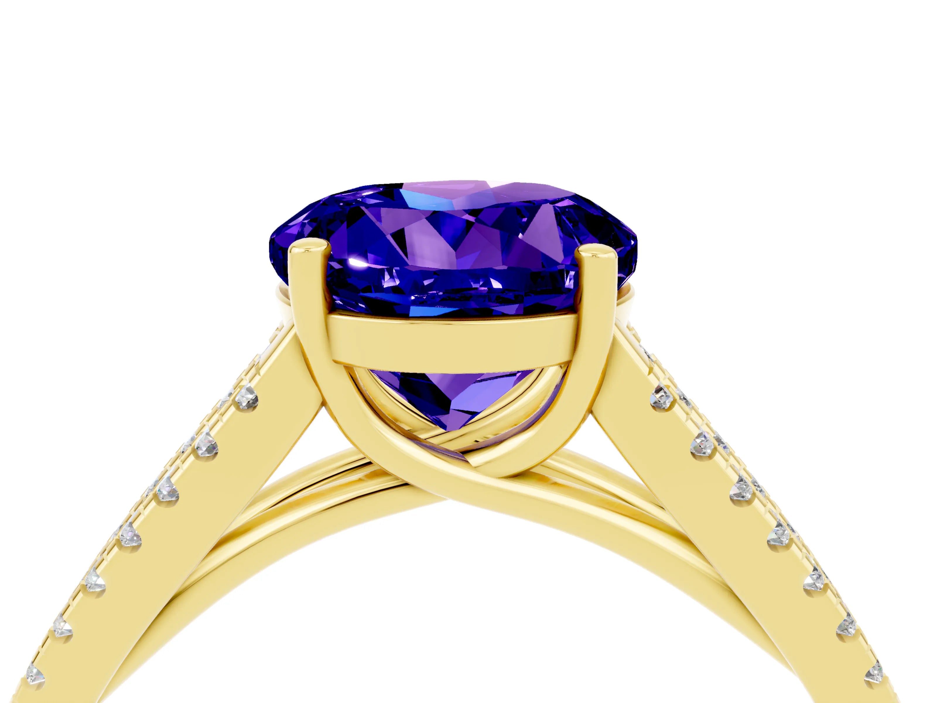 Yellow gold Round Cut Tanzanite Solitaire Engagement Ring with Split Shank Pavé Band_4