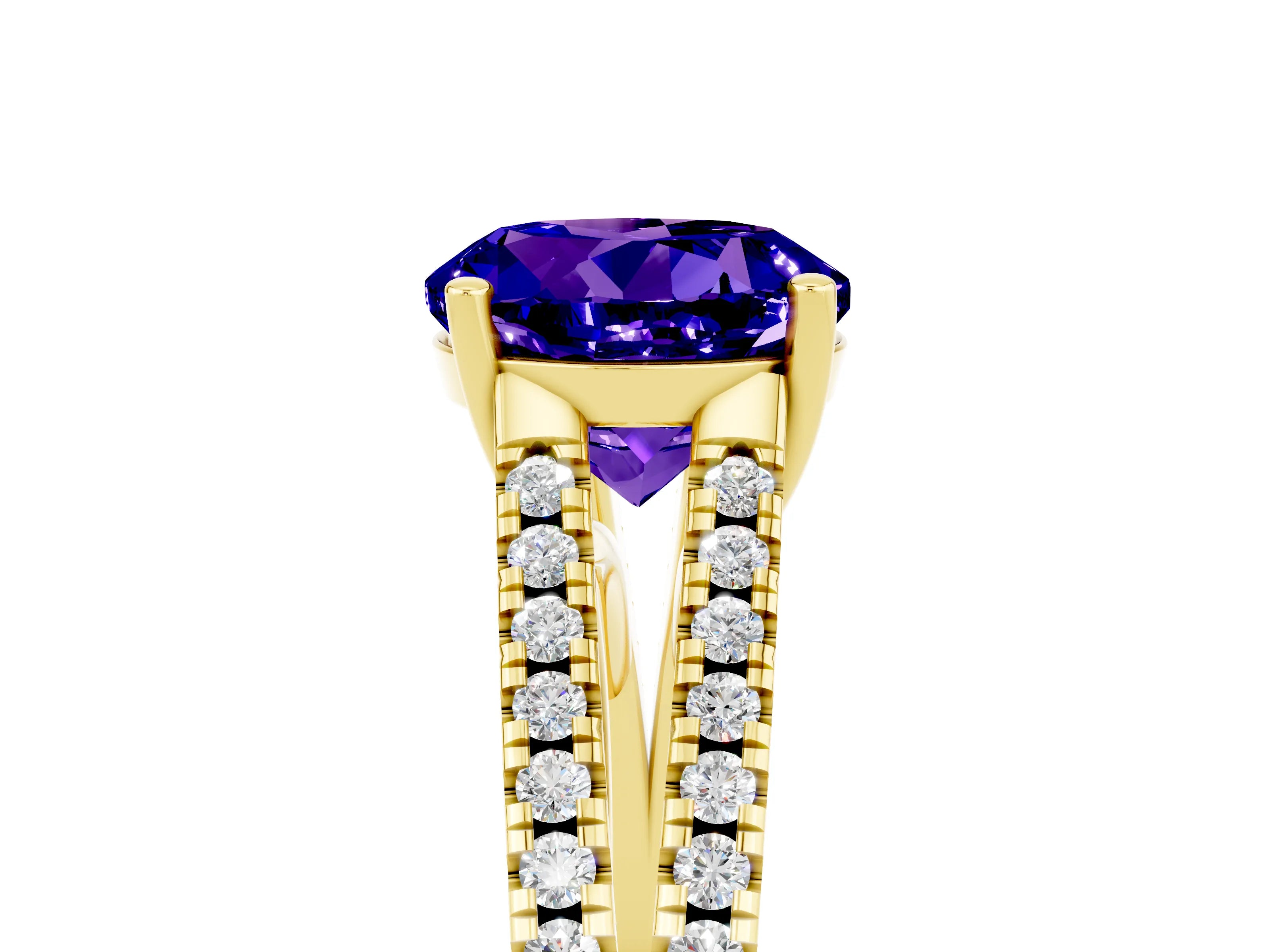 Yellow gold Round Cut Tanzanite Solitaire Engagement Ring with Split Shank Pavé Band_5