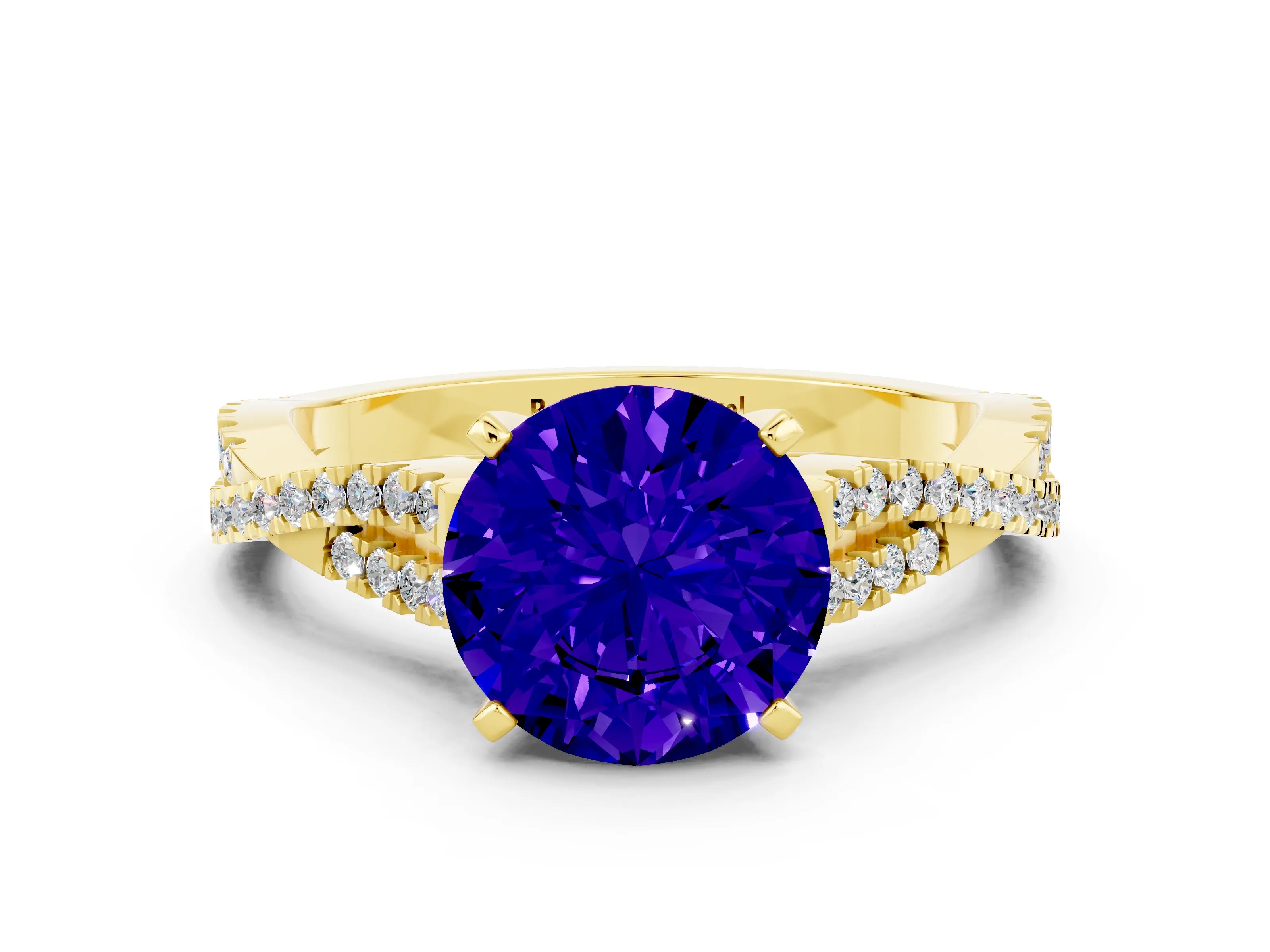 Yellow gold Round Cut Tanzanite Solitaire Engagement Ring with Twisted Pavé Band and Four-Prong Setting_12