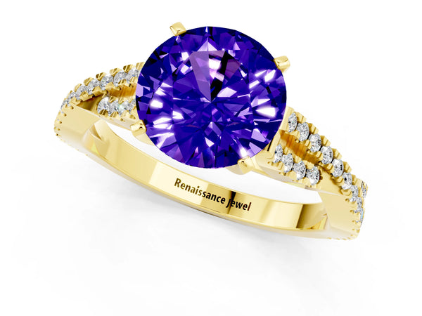 Yellow gold Round Cut Tanzanite Solitaire Engagement Ring with Twisted Pavé Band and Four-Prong Setting