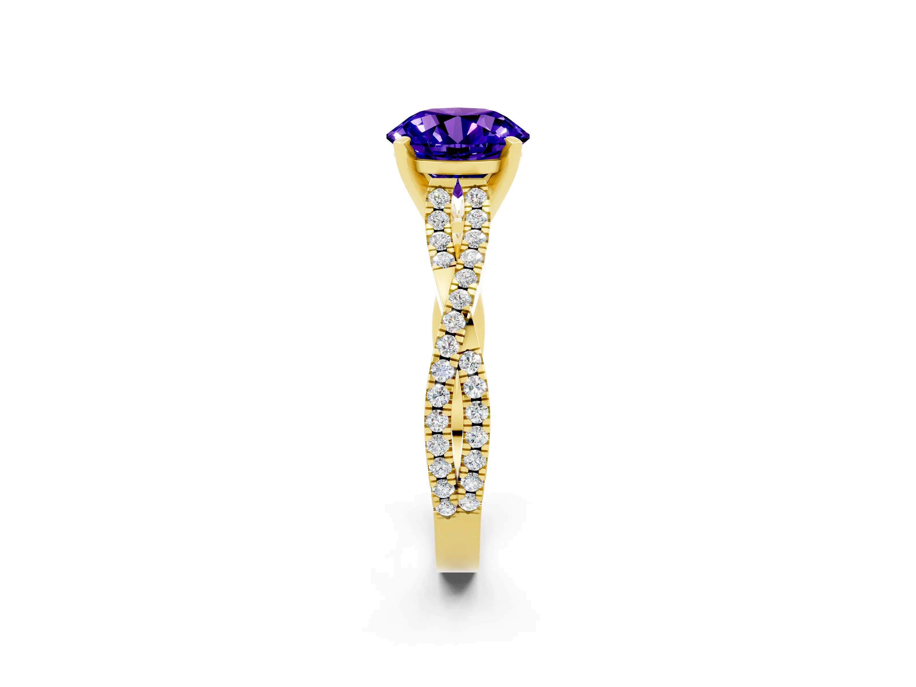 Yellow gold Round Cut Tanzanite Solitaire Engagement Ring with Twisted Pavé Band and Four-Prong Setting_14