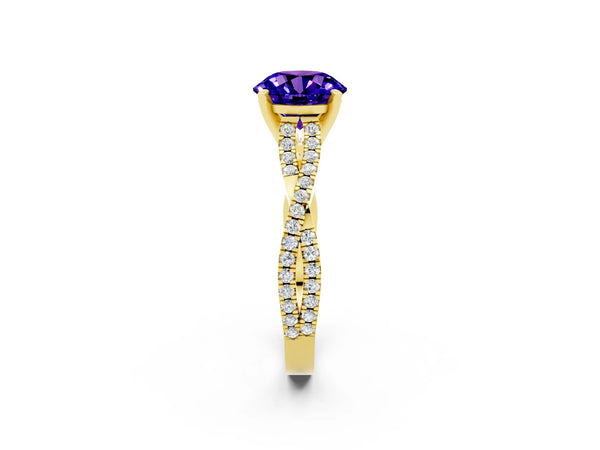 Yellow gold Round Cut Tanzanite Solitaire Engagement Ring with Twisted Pavé Band and Four-Prong Setting