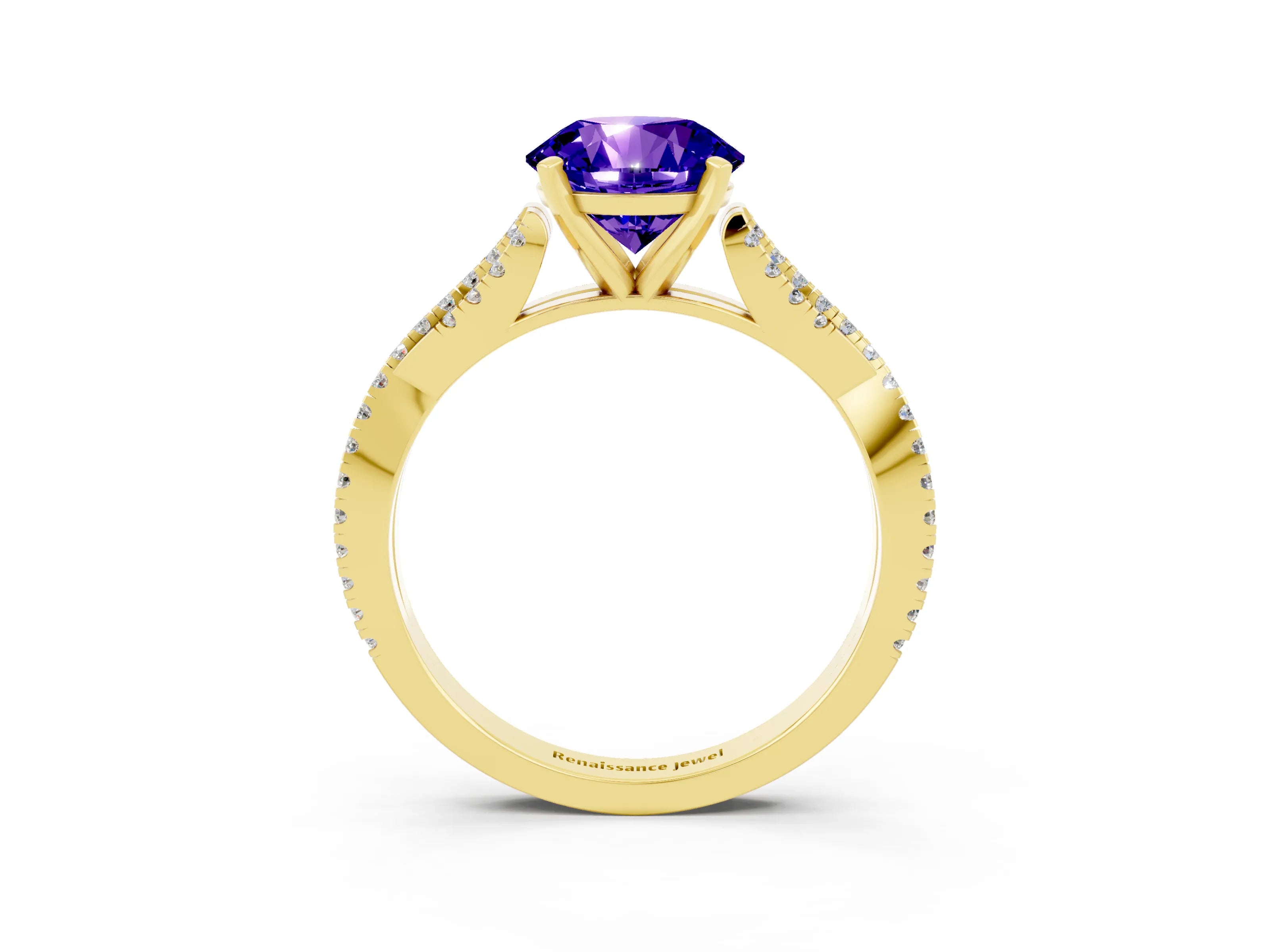 Yellow gold Round Cut Tanzanite Solitaire Engagement Ring with Twisted Pavé Band and Four-Prong Setting_15