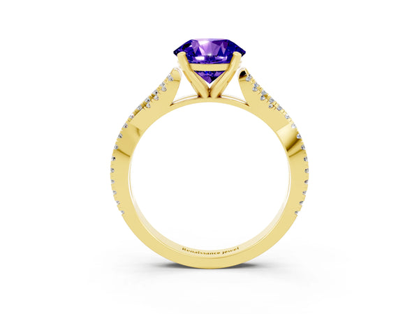 Yellow gold Round Cut Tanzanite Solitaire Engagement Ring with Twisted Pavé Band and Four-Prong Setting