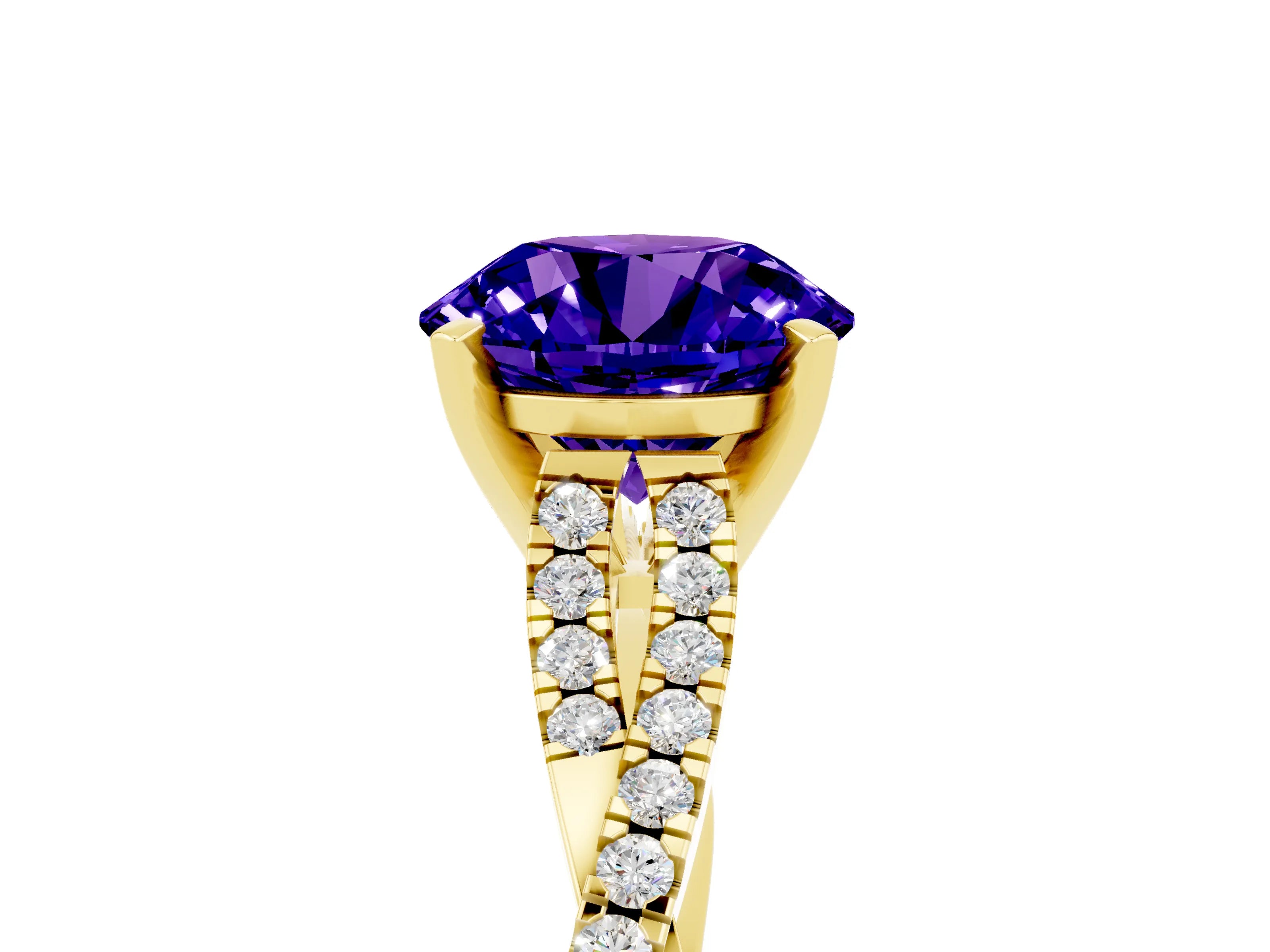 Yellow gold Round Cut Tanzanite Solitaire Engagement Ring with Twisted Pavé Band and Four-Prong Setting_17