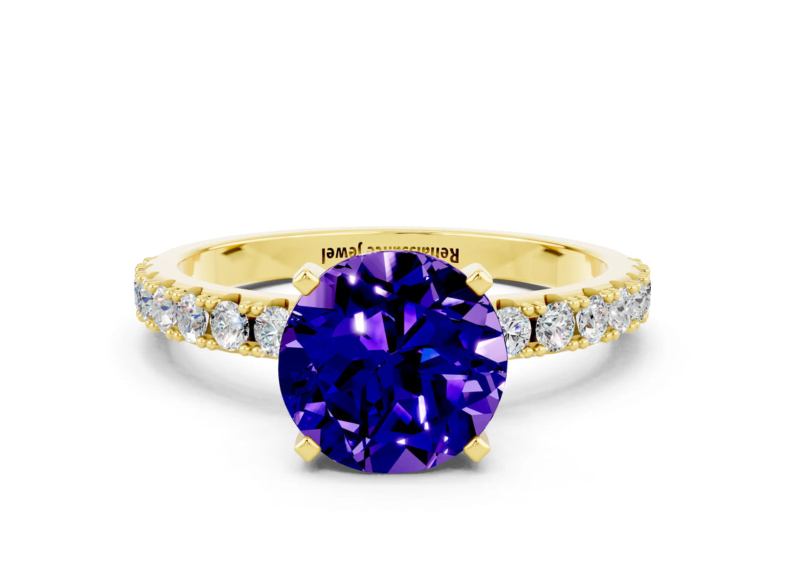 Yellow gold Round Cut Tanzanite Solitaire Pavé Band with Four-Prong Setting
