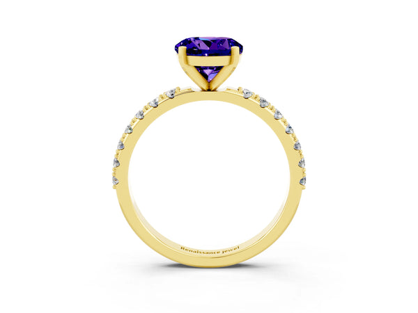 Yellow gold Round Cut Tanzanite Solitaire Pavé Band with Four-Prong Setting