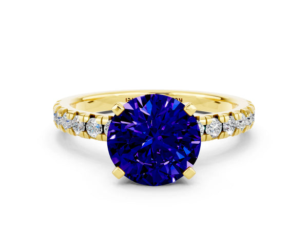 Yellow gold Round Cut Tanzanite Solitaire Pavé Engagement Ring with Round Band and Prong Setting