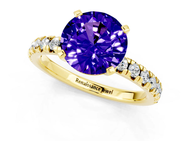 Yellow gold Round Cut Tanzanite Solitaire Pavé Engagement Ring with Round Band and Prong Setting