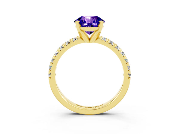 Yellow gold Round Cut Tanzanite Solitaire Pavé Engagement Ring with Round Band and Prong Setting