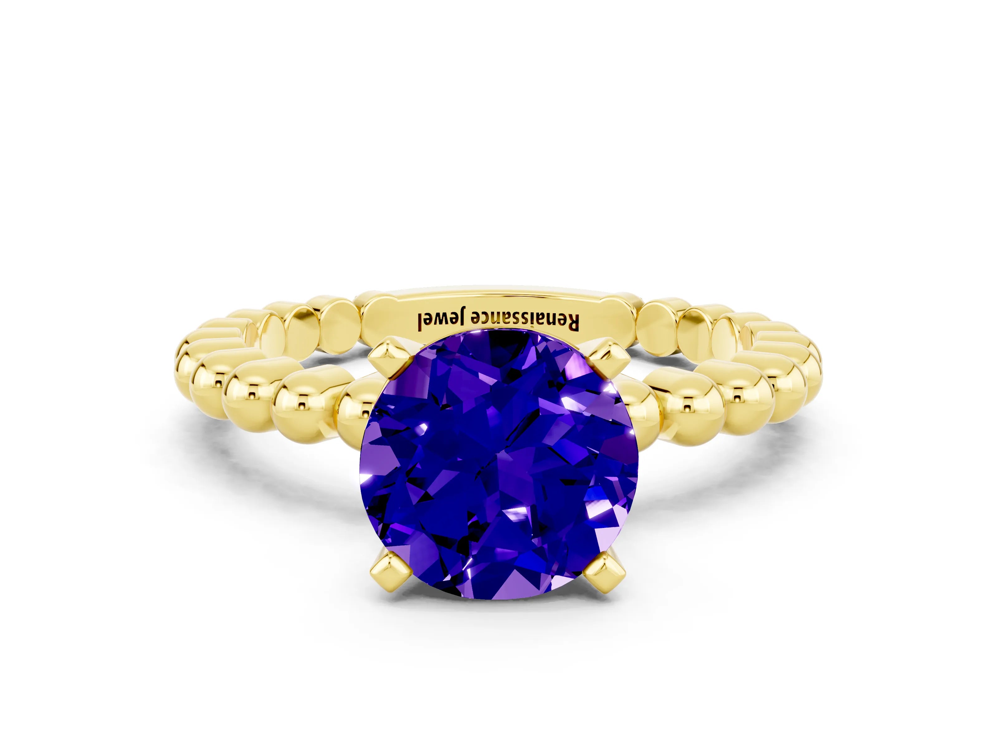 Yellow gold Round Cut Tanzanite Solitaire Ring with Beaded Band and Prong Setting